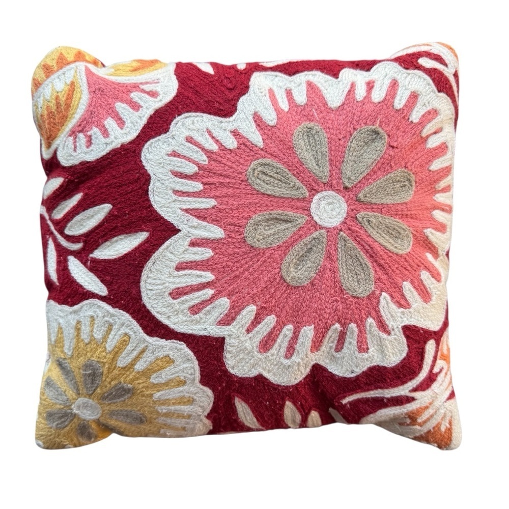 Floral Embroidered Throw Pillow - Red, Pink, Yellow 10x10”